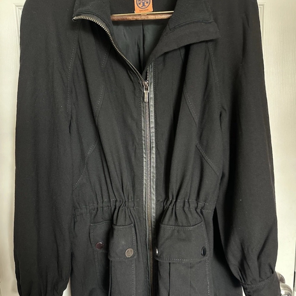 Tory Burch XL Black Zip up Drawstring bottom light Jacket utility coat Size 14 - Picture 3 of 11